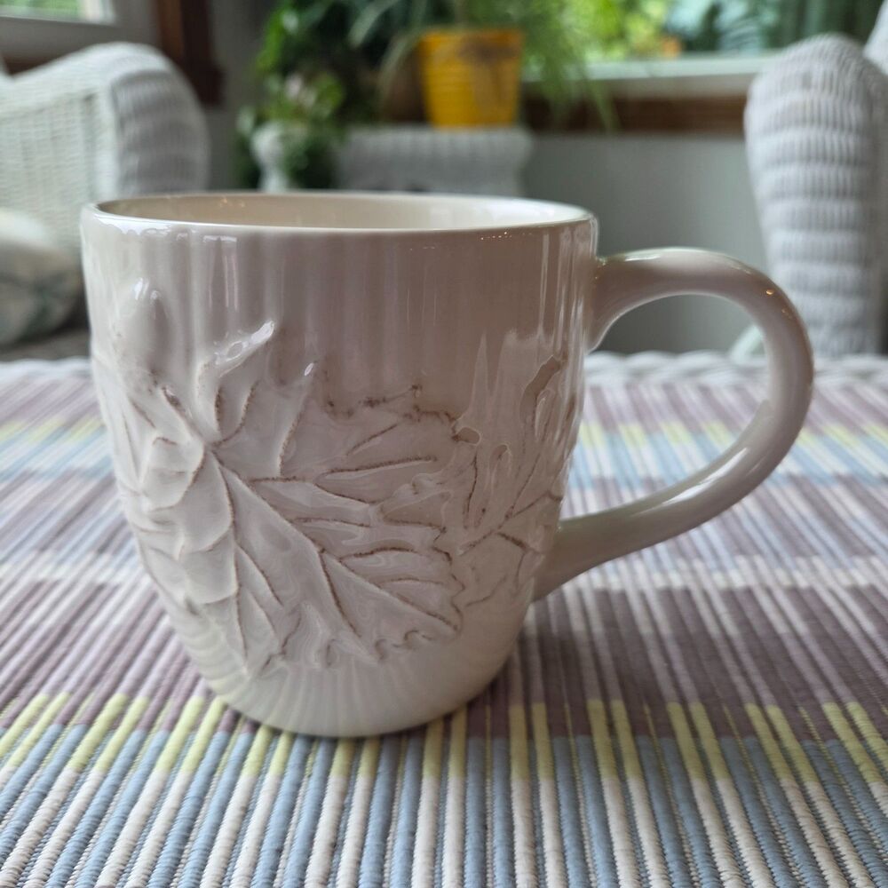 Hallmark Cozy Embossed Leaf White Coffee Mug Ceramic Autumn Fall Tea Cup 12oz